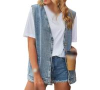 LApooh Damen Jeansweste-Vintage Gewaschene Denim-Weste, V-Ausschnitt, Kurze Damen-Jeansweste, Übergröße, Jeansjacke, Verkürzte Freizeit, Sommer, Frühling, Jeansjacke, Knopfleiste, Oberteil, Blau, XL