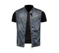 LApooh Herren Denim Westen- Modische Herren-Weste Aus Gewaschenem Denim Mit Stehkragen, Lässige Jeans-Gilet, Biker-Weste, Motorradmantel, Ärmellose Weste, Jacke Mit Reißverschluss, Strickjacke