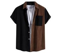 LApooh Herren Hawaiihemd,Patchwork Kontrastfarbe Herren Hawaiihemd Cord Plus Size Kurzarmhemd Button-Down Aloha Hemden Strandkleid Alltagshemden Für Männer Urlaub,Braun,M