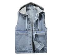 LApooh Herren-Jeansweste Mit Kapuze, Lässige Vintage-Biker-Ärmellose Jacke, Cowboy-Jeans-Weste, Taschen, Oberbekleidung, Ärmellose Cowboy-Jacke, Weste, Outdoor-Weste, Blau, L