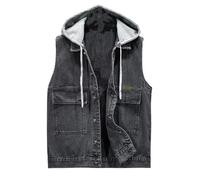 LApooh Herren-Jeansweste Mit Kapuze, Lässige Vintage-Biker-Ärmellose Jacke, Cowboy-Jeans-Weste, Taschen, Outwear, Ärmellose Cowboy-Jacke, Weste, Outdoor-Weste, Schwarz, XL