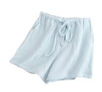 LApooh Pyjamahose Für Damen, Locker Geschnittene Pyjamahose Aus Baumwolle Mit Taschen Und Kordelzug, Kurze Lounge Hose Für Damen, Nachtwäsche, Elastische Shorts Mit Faltenstruktur, Hellblau, M