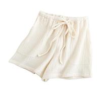 LApooh Pyjamahose Für Damen, Locker Geschnittene Pyjamahose Aus Baumwolle Mit Taschen Und Kordelzug, Kurze Lounge Hose Für Damen, Nachtwäsche, Elastische Shorts Mit Faltenstruktur, Beige, S