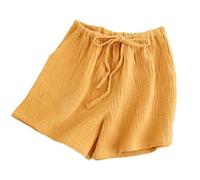 LApooh Pyjamahose Für Damen, Locker Geschnittene Pyjamahose Aus Baumwolle Mit Taschen Und Kordelzug, Kurze Lounge Hose Für Damen, Nachtwäsche, Elastische Shorts Mit Faltenstruktur, Gelb, M