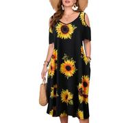 LARACE Damen-Kleid in Übergröße für den Sommer, Midi-Damen-Sommerkleid, lässiger V-Ausschnitt, kurzärmelig, fließendes T-Shirt-Kleid mit Taschen, Schwarz / Sonnenblume, 2X