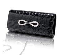 Larcenciel Clutch Schwarz, Strass-Schleife Handtasche mit Abnehmbarer Kette, Elegante Umhängetasche mit Krokodil-Muster, Mode PU Leder Abendtasche, Crossbody Tasche für Hochzeit, Bankett, 22x11x5CM
