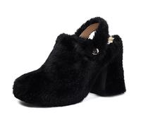 LarDorLin Damen Mode Runde Zehen Imitation Fell Pantoffeln Slingback Geschlossen Chunky Sandalen Rutsche Strand Sandals Plateau Schwarz Gr 43 EU (45 Cn)