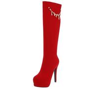 LarDorLin Damen Stiletto Elegant Wildleder Kniestiefel Reißverschluss Winter Runde Zehen Hochzeit Plateau Faux Crystal Boot Runde Zehen Rot Gr 34 EU