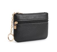 LARENNT Münzbörse aus Vollnarbenleder mit Schlüsselanhänger, 2 Reißverschlusstaschen, Mini-Münztasche, Kartenhalter, Schlüsselanhänger, Geldbörse, kleine Geldbörse für Damen und Herren, Schwarz, Small