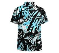 LARSD 80er Jahre Hemd für Herren - 90er Knopfleiste Vintage Retro Hawaii Strand Neon Disco Party Shirt, Schwarz-Blaue Blätter, L