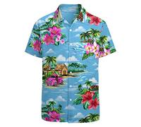 LARSD 80er Jahre Hemd für Herren - 90er Knopfleiste Vintage Retro Hawaii Strand Neon Disco Party Shirt, Blue Beach, 5X-Groß