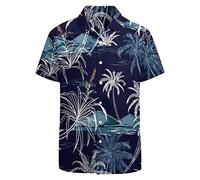 LARSD 80er Jahre Hemd für Herren - 90er Vintage Retro Hawaii Strand Button Up Shirt - Neon Disco Party Outfit, Marineblaue Palmblätter, XX-Large