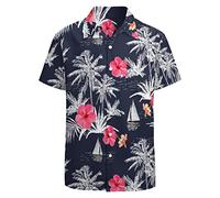 LARSD 80er Jahre Hemd für Herren - 90er Vintage Retro Hawaii Strand Shirt - Neon Disco Party Knopfleiste - Marineblaue Blätter, 3X-Groß