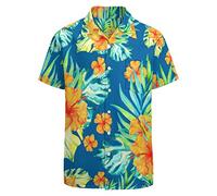 LARSD 80er Jahre Hemd für Herren - 90er Vintage Retro Hawaii Strand Shirt - Neon Disco Party Knopfleiste - Orangefarbene Blätter, 5X-Groß