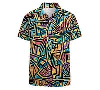 LARSD 80er Jahre Hemd für Herren Button Up Vintage Retro Hawaii Strand Neon Disco Shirt Lustiges Partyhemd, Geometrisches Gelb, Mittel
