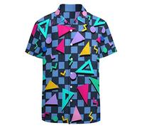 LARSD 80er Jahre Hemd für Herren - Vintage Retro Hawaii Strand Button Up Shirt - Neon Disco Party Lustiges Geometrisch Blau, 3X-Groß