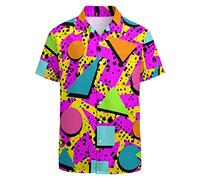 LARSD 80er Jahre Hemd für Herren - Vintage Retro Hawaii Strand Button Up Shirt - Neon Disco Partyhemd, Geometrisches Rosa, XL