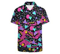 LARSD 80er Jahre Hemden für Herren - 90er Jahre Button Up Vintage Retro Hawaii Strand Neon Disco Lustiges Partyhemd, 80er 90er Jahre Schwarz Rosa, XX-Large