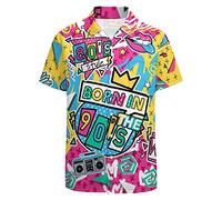 LARSD 80er-Jahre-Shirts für Herren - 90er-Jahre Button-Up Vintage Retro Hawaiianisches Strand Neon Disco Lustiges Party-Hemd, L