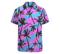 LARSD 80er-Jahre-Shirts für Herren - 90er-Jahre Button-Up Vintage Retro Hawaiianisches Strand Neon Disco Lustiges Party-Hemd, Pink Palm Tree, XL