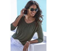 3/4-Arm-Shirt LASCANA "mit zarter Raffung am Ausschnitt", Damen, Gr. 36/38, grün (graugrün, schwarz), Jersey, Obermaterial: 95% Viskose (LENZING™ ECOVERO™), 5% Elasthan, unifarben, Basic, figurumspiel