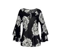 3/4-Arm-Shirt LASCANA, Damen, Gr. 52/54, schwarz, weiß, bedruckt, Jersey, Obermaterial: 100% Viskose, figurumspielend, Shirts 3/4-Arm-Shirt, mit Trompetenärmeln und Cut-Outs, Blumenprint, Blusenshirt