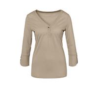 Blusenshirt LASCANA "mit Knopfdetails", Damen, Gr. 32/34, beige, Single Jersey, Obermaterial: 65% Polyester (REPREVE), 35% Viskose, unifarben, figurumspielend normal, V-Ausschnitt, mit Knopf 1-Knopf-M