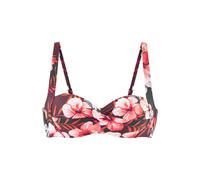 Bügel-Bandeau-Bikini-Top LASCANA "Loria", Damen, Gr. 36, Cup F, blau (oliv, orange), Recycling-Polyamid, bedruckt, geblümt, Bikini-Oberteile, in Wickeloptik Cup (93294055-36) oliv, orange