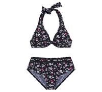 Bügel-Bikini LASCANA, Damen, Gr. 42, Cup E, schwarz (schwarz, bedruckt), Polyamid, bedruckt, geblümt, Bikini-Sets, mit Lochbordüre (15366100-42) schwarz, bedruckt
