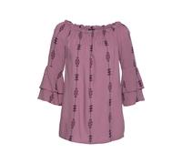 Carmenbluse LASCANA, Damen, Gr. 48, lila (lila, bedruckt), Web, Obermaterial: 100% Viskose, bedruckt, figurumspielend hüftlang, Carmenausschnitt, Volant, Blusen Schlupfbluse, mit Ethnoprint, Damenblus
