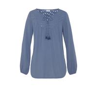 Crepebluse LASCANA, Damen, Gr. 46, blau (smokey blau), Cru00eape, Web, Obermaterial: 100% Viskose. Spitze: 100% Baumwolle, unifarben, casual, figurumspielend hüftlang, V-Ausschnitt, Blusen, mit Lochst