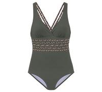 Badeanzug LASCANA "Adelin", Damen, Gr. 46, Cup C, grün (oliv, leo), Recycling-Polyamid, Animalprint, unifarben, Badeanzüge, mit Shaping-Effekt und trendigen Kreuzträgern (24870615-46) oliv, leo