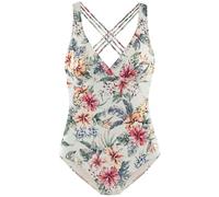 Badeanzug LASCANA "Salsa", Damen, Gr. 38, Cup B, beige (creme bedruckt), Recycling-Polyamid, geblümt, Badeanzüge Badeanzug, mit Shaping-Effekt und trendigen Kreuzträgern (98406458-38)