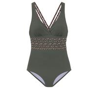 Badeanzug LASCANA "Adelin", Damen, Gr. 48, Cup B, grün (oliv, leo), Recycling-Polyamid, Animalprint, unifarben, Badeanzüge, mit Shaping-Effekt und trendigen Kreuzträgern (48823034-48) oliv, leo