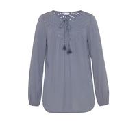 Crepebluse LASCANA, Damen, Gr. 46, blau (smokey blau), Crêpe, Obermaterial: 100% Viskose. Spitze: 100% Baumwolle, unifarben, figurumspielend hüftlang, V-Ausschnitt, elastischer Bund, Blusen, mit Lochs