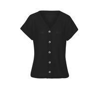 Kurzarmshirt LASCANA "mit Zierknopfleiste", Damen, Gr. 32/34, schwarz, Piqué, Obermaterial: 69% Polyester (REPREVE), 28% Viskose, 3% Elasthan, unifarben, bequem normal, V-Ausschnitt, Shirts, Sommershi