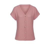 Kurzarmshirt LASCANA "mit Zierknopfleiste", Damen, Gr. 36/38, lila (beere), Piqué, Obermaterial: 69% Polyester (REPREVE), 28% Viskose, 3% Elasthan, unifarben, bequem normal, V-Ausschnitt, Shirts, aus