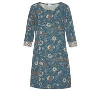 Nachthemd LASCANA, Damen, Gr. 44/46, N-Gr, bunt (rauchblau, ecru), Single Jersey, Obermaterial: 60% Polyester, 36% Viskose, 4% Elasthan, geblümt, gerade ca. Mitte Oberschenkel, Rundhals, weit Besatz k