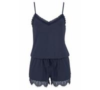Playsuit LASCANA, Damen, Gr. 36, N-Gr, blau, Single Jersey, Obermaterial: 66% Polyester, 29% Viskose, 5% Elasthan, figurumspielend kurz, V-Ausschnitt, Overalls, mit Spitzensaum (25525213-36) blau