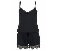 Playsuit LASCANA, Damen, Gr. 38, N-Gr, schwarz, Single Jersey, Obermaterial: 66% Polyester, 29% Viskose, 5% Elasthan, elegant, figurumspielend kurz, V-Ausschnitt, ohne Ärmel, Overalls, mit Spitzensaum