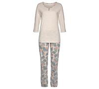 Pyjama LASCANA, Damen, Gr. 40/42, beige (sand, bedruckt), Single Jersey, Obermaterial: 100% Baumwolle, bedruckt, Basic lang, Rundhals, eingesetzt,mit Aufschlag,mit Riegel, Homewear-Sets Pyjama, mit ge