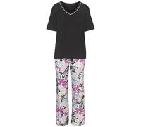 Pyjama LASCANA, Damen, Gr. 44/46, rosa (rosa, schwarz, geblümt), Single Jersey, Obermaterial: 50% Baumwolle, 45% Viskose, 5% Elasthan, geblümt, bequem lang, V-Ausschnitt, eingesetzt abgesteppte Kante,