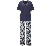 Pyjama LASCANA, Damen, Gr. 40/42, blau (blau, geblümt), Single Jersey, Obermaterial: 50% Baumwolle, 45% Viskose, 5% Elasthan, geblümt, bequem, V-Ausschnitt, Homewear-Sets, mit schönem Blumenmuster (43
