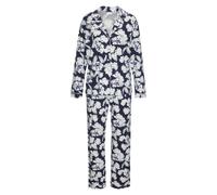 Pyjama LASCANA, Damen, Gr. 44/46, blau (blau, gemustert), Single Jersey, Obermaterial: 50% Baumwolle, 45% Viskose, 5% Elasthan, geblümt, feminin, bequem lang, V-Ausschnitt, Langarm, Homewear-Sets, mit