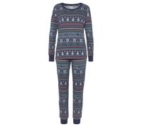 Pyjama LASCANA, Damen, Gr. 44/46, blau (dunkelblau gemustert), Single Jersey, Obermaterial: 60% Baumwolle, 40% Polyester, gemustert, festlich, schmal lang, Rundhals, eingesetzt Rippbündchen kontrastfa