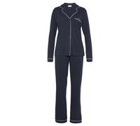 Pyjama LASCANA, Damen, Gr. 40/42, blau (dunkelblau), Single Jersey, Obermaterial: 50% Baumwolle, 50% Viskose, bedruckt, kontrastfarbene Details, unifarben, klassisch lang, V-Ausschnitt, Homewear-Sets,