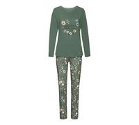 Pyjama LASCANA, Damen, Gr. 44/46, blau (grün, gemustert), Single Jersey, Obermaterial: 50% Baumwolle, 50% Viskose, geblümt, loose fit lang, Rundhals, eingesetzt, Homewear-Sets Pyjama, mit schönem Blum