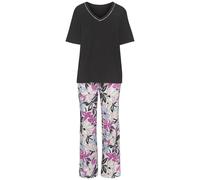 Pyjama LASCANA, Damen, Gr. 44/46, rosa (rosa, schwarz, geblümt), Single Jersey, Obermaterial: 50% Baumwolle, 45% Viskose, 5% Elasthan, geblümt, bequem lang, V-Ausschnitt, eingesetzt abgesteppte Kante,