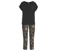 Pyjama LASCANA, Damen, Gr. 38, schwarz (schwarz, allover), Satin, Obermaterial: 95% Polyester, 5% Elasthan. T-Shirt: 95% Viskose, 5% Elasthan, Paisley, unifarben, loose fit hüftlang, Rundhals, angesch