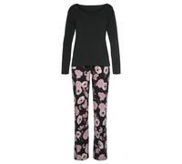 Pyjama LASCANA, Damen, Gr. 32/34, bunt (schwarz, rosa, geblümt), Single Jersey, Obermaterial: 50% Baumwolle, 45% Viskose, 5% Elasthan, gemustert, geblümt, mehrfarbig, elegant, Basic lang, V-Ausschnitt